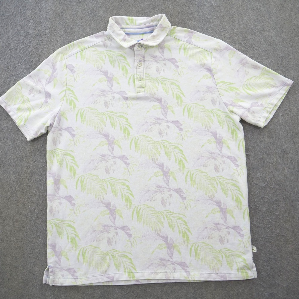 Tommy Bahama Polo Shirt Mens Medium White Green Floral Short Sleeve Golf Logo